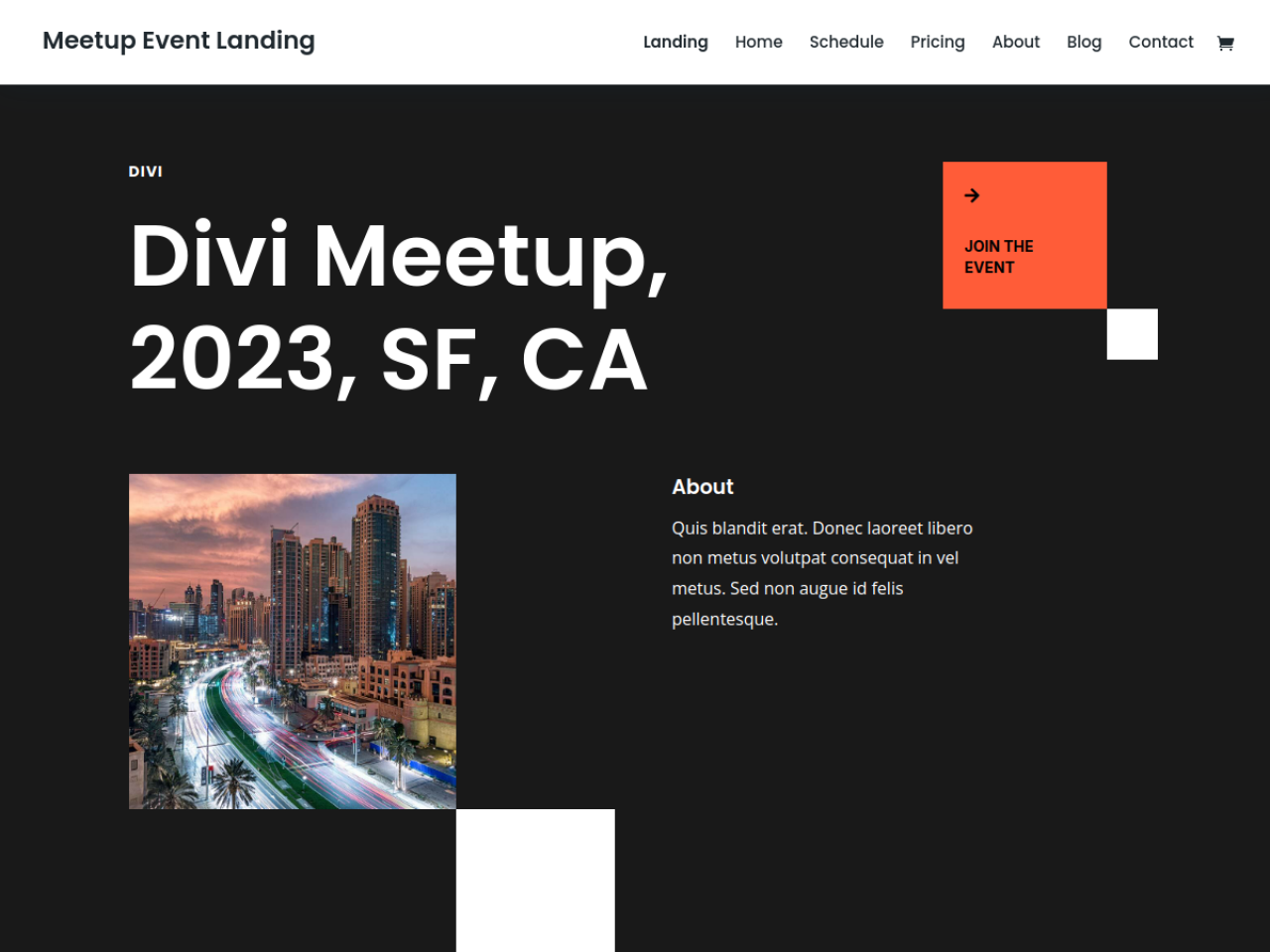 Meetup Event Landing (Elegant Themes) Anteprima del modello esterno Meetup Event Landing pubblicato da Elegant Themes