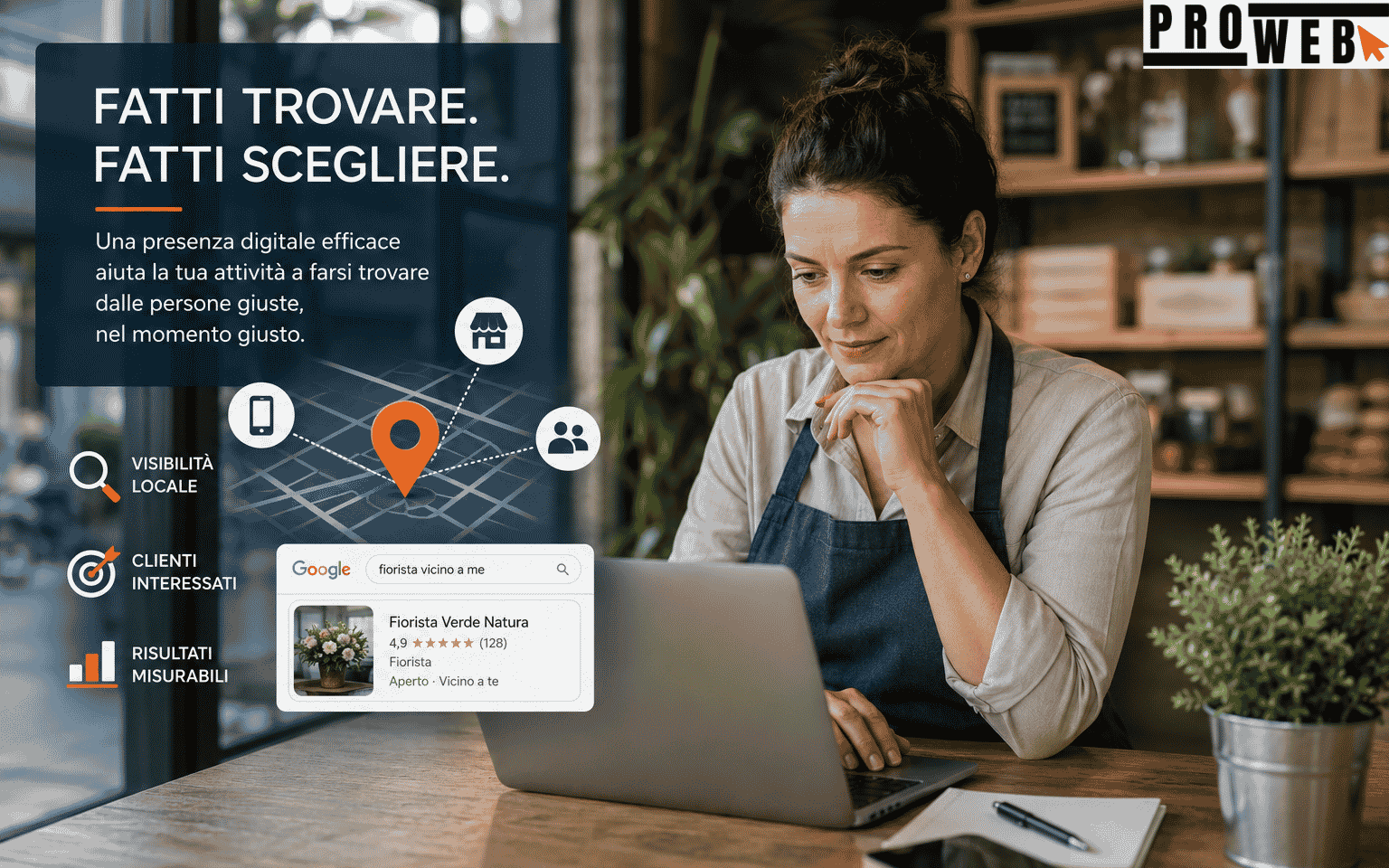 Professionista al computer con elementi grafici dedicati alla visibilità locale e alla ricerca online