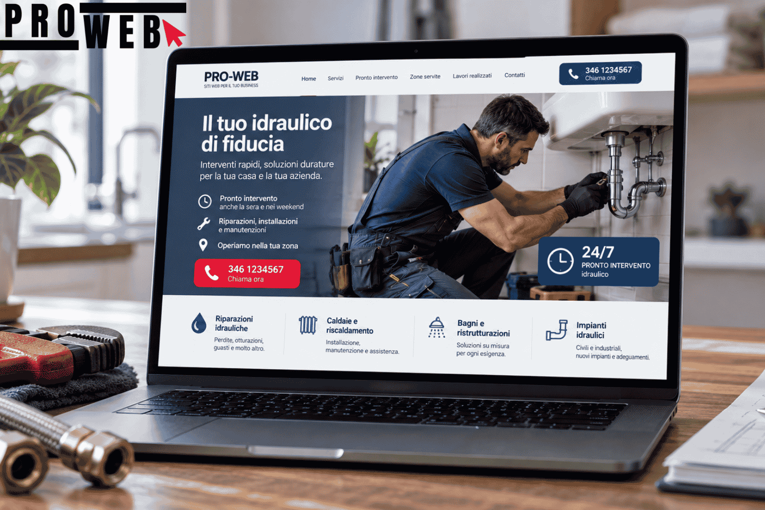 Demo di sito web per idraulici mostrata su laptop, con servizi, pronto intervento e contatti in evidenza